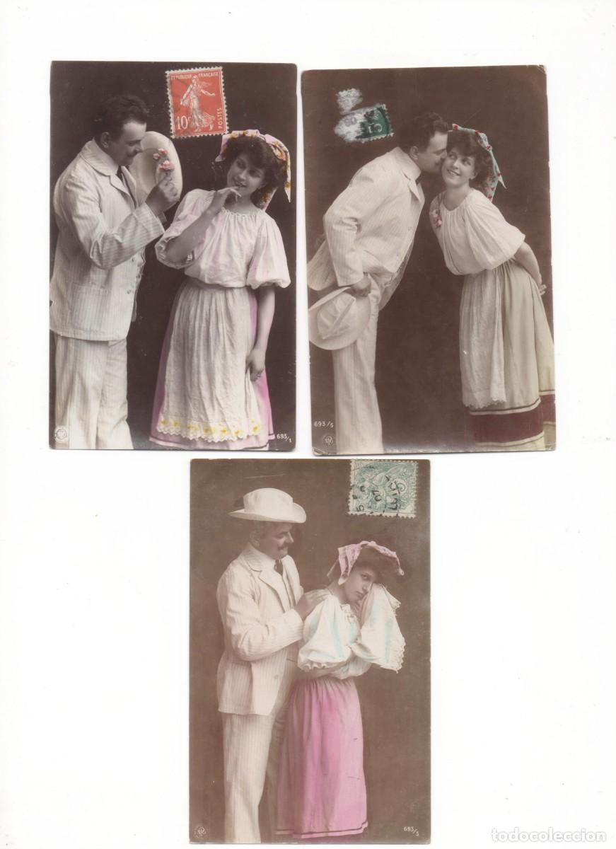 Postales: Serie de 3 Postales francesas principios del XX- rom&aacute;ntica- circuladas-
