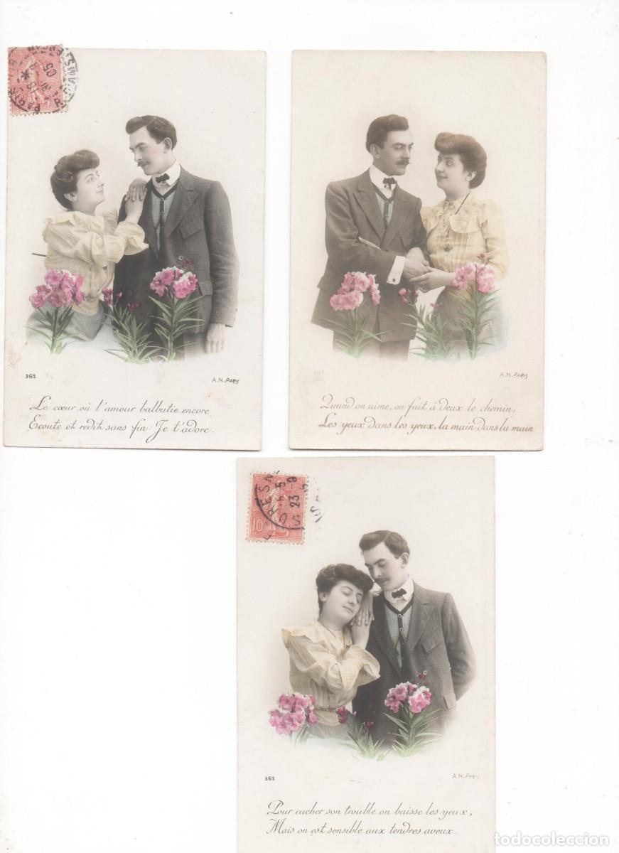 Postales: Serie de 3 Postales francesas principios del XX- rom&aacute;ntica- circuladas-
