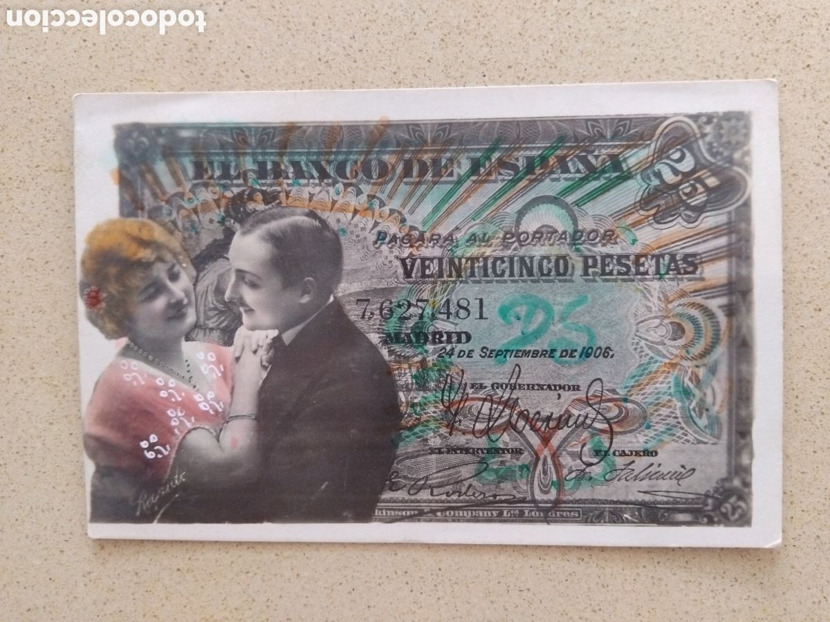 Postales: Postal pareja sobre billete 25 pesetas 1906