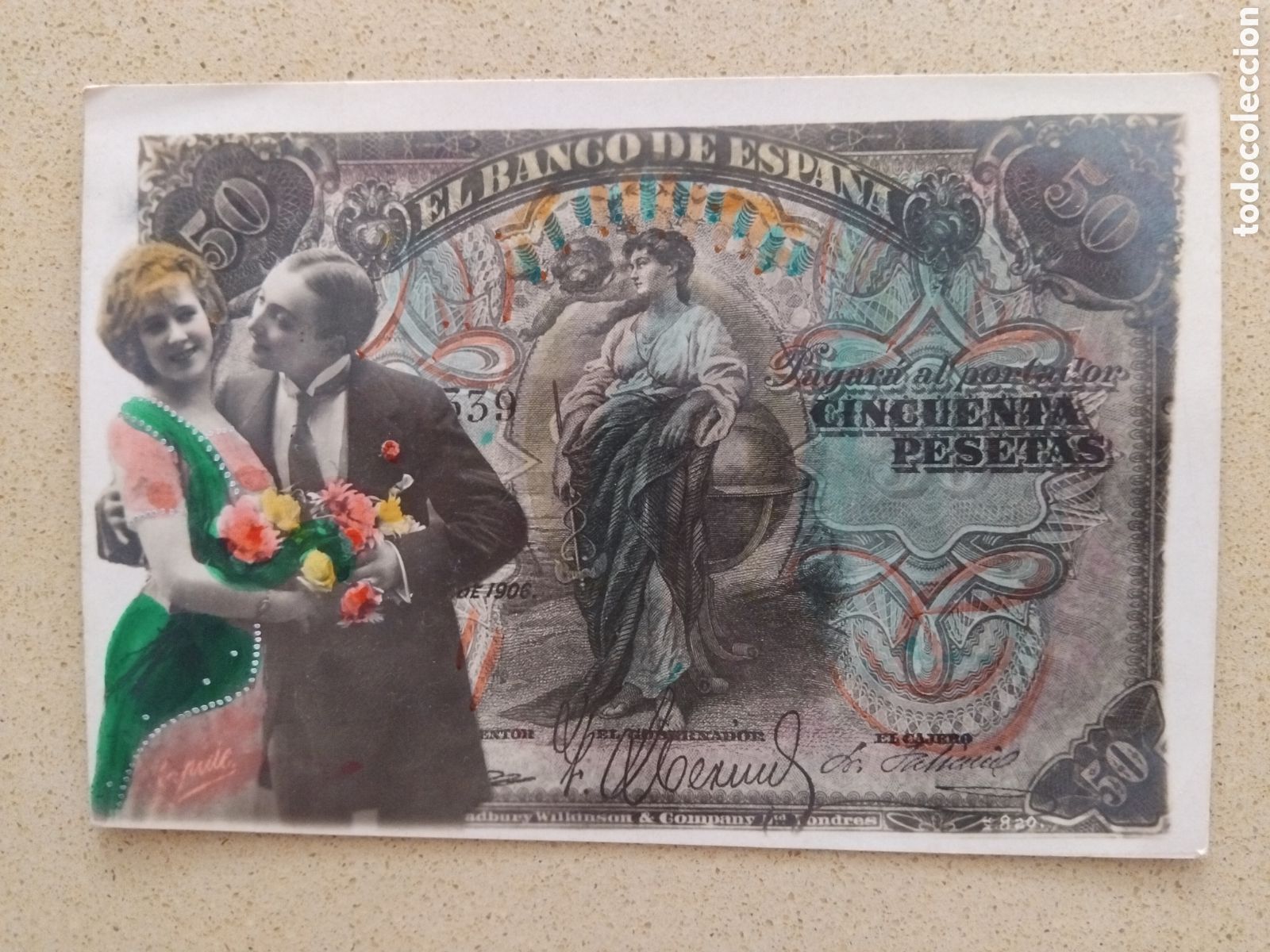 Postales: Postal pareja sobre billete 50 pesetas 1906