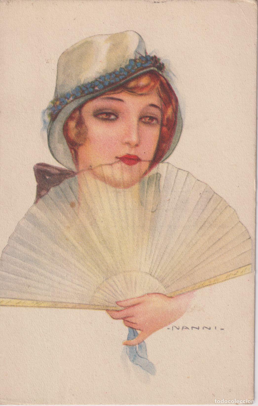 Postais: POSTAL ART DECO ILUSTRADA POR: GIOVANNI NANNI - MUJER CON SOMBRERO Y ABANICO &ndash; ESCRITA 1921