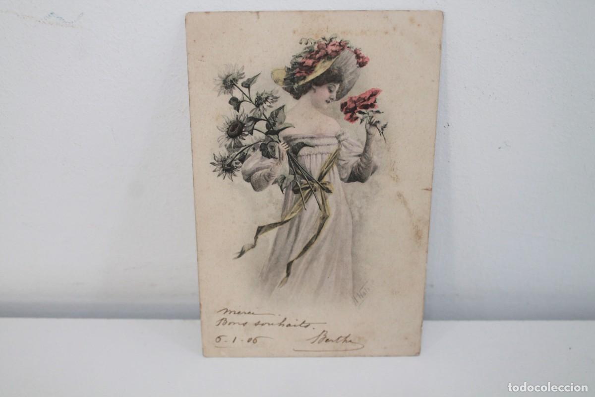Postales: POSTAL ART NOUVEAU 1906 A.S.W. SERIE BLUMENGR&Uuml;SSE DAMA CON GIRASOLES CIRCULADA SELLO BLANC 5C