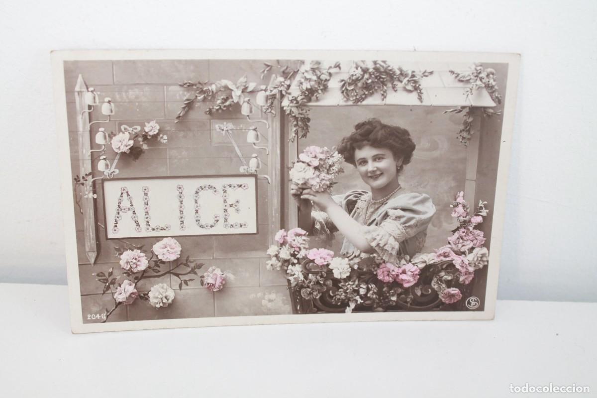 Postales: ANTIGUA POSTAL ROMANTICA ALICE 1908 MUJER CON ROSAS SELLO SEMEUSE 10C CIRCULADA