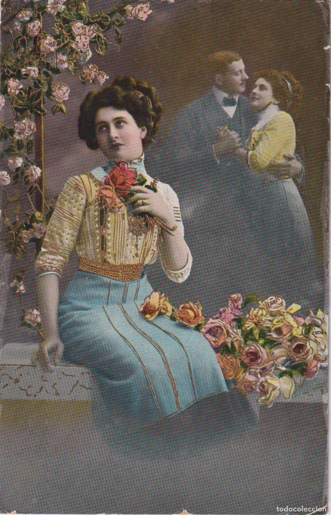 Postales: POSTAL ANTIGUA DE LA BELLE &Eacute;POQUE, MUJER SOSTENIENDO ROSAS &ndash; R&K SERIE 1751 - ESCRITA