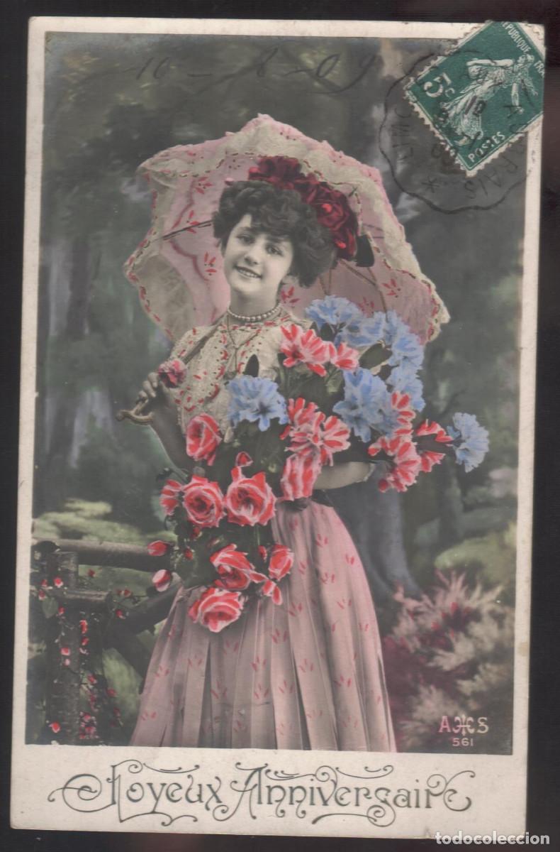 Postales: 1909 tarjeta de felicitaci&oacute;n de aniversario.Bella imagen de una guapa damisela