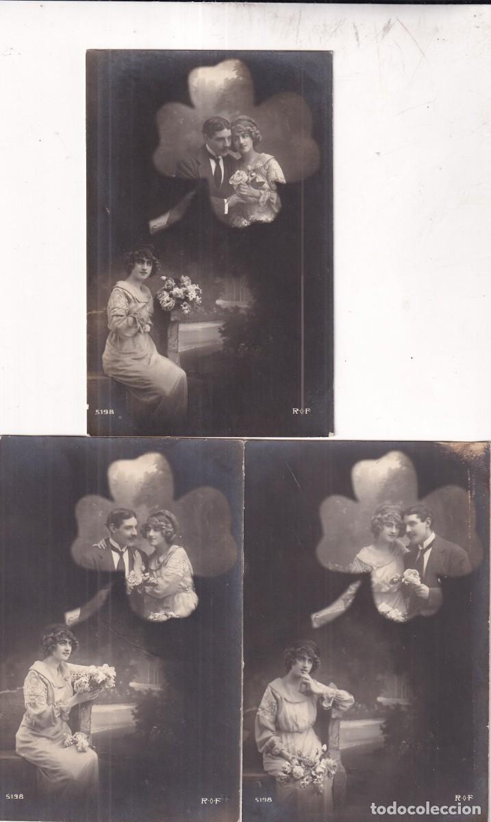 Postkarten: Lote 3 postales mujer so&ntilde;ando con novio. Trebol. Rof fot&oacute;grafo. Escritas. Sin circular.