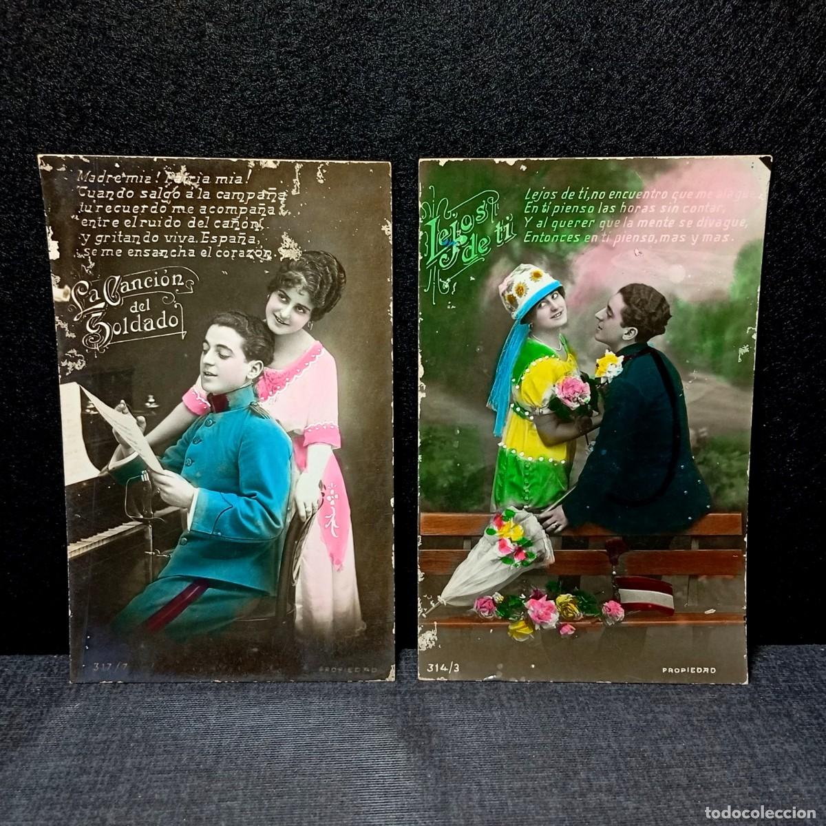 Postales: Lote 2 Postales Ilustradas Canci&oacute;n del Soldado Lejos de Ti Poemas Rom&aacute;nticos 1920