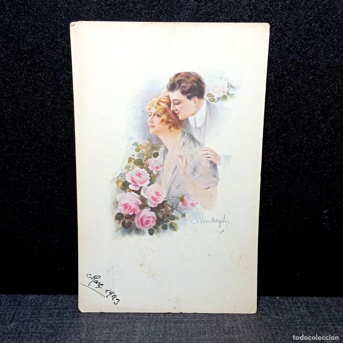 Postales: Postal Antigua Ilustrada Pareja Romantica Rosas Montagut 1923 Reus Josefa Magrina