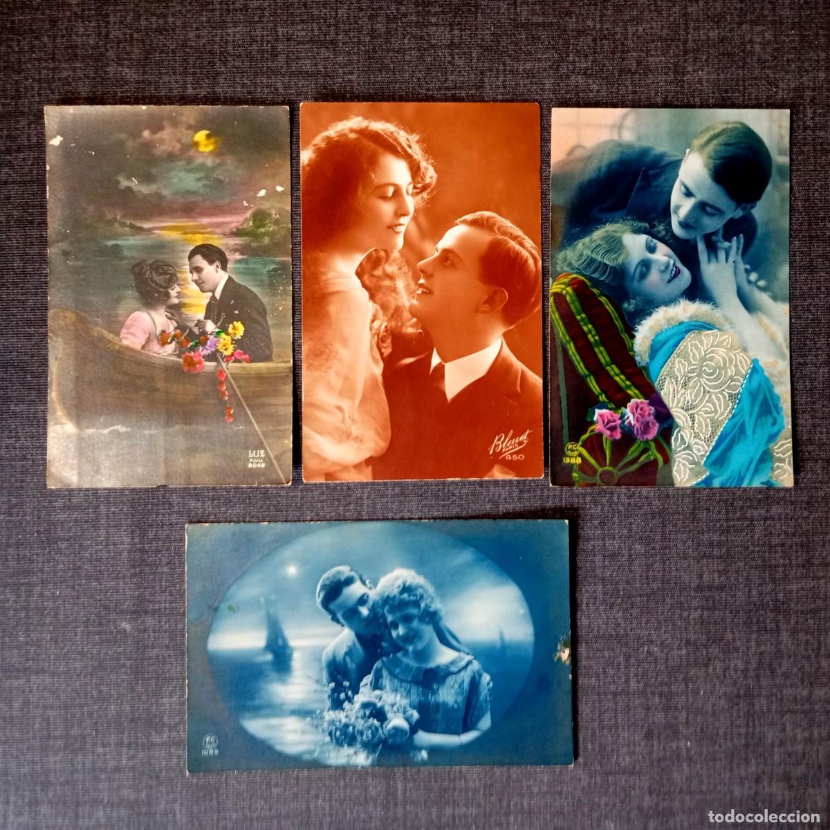 Postales: Lote 4 Postales Antiguas Parejas Romance Nocturno Barca Bleuet Luz PC Paris 1920-1925