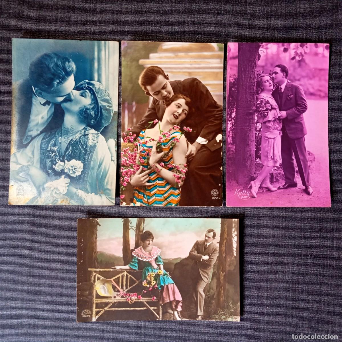 Postales: Lote 4 Postales Antiguas Parejas Beso Jardin Banco Noyer Kelly BK Wien 1920-1929 Reus