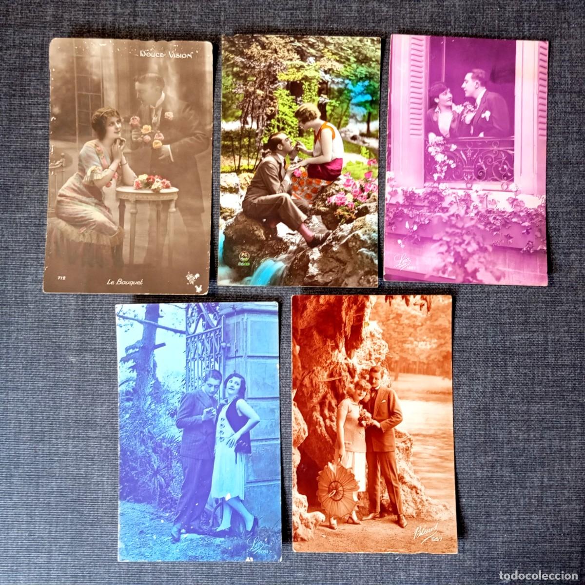 Postales: Lote 5 Postales Antiguas Parejas Balcon Cascada Gruta Jardin Leo PC Bleuet Paris 1926-1929