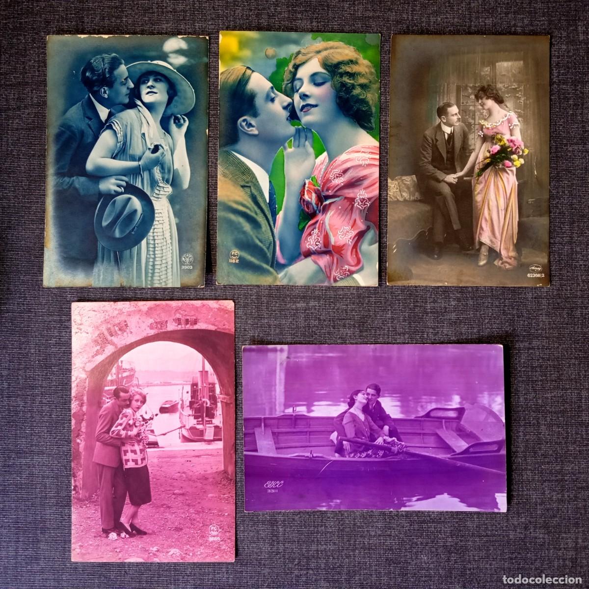 Postales: Lote 5 Postales Antiguas Parejas Barca Puerto Mar Flores Noyer PC Anag ELC Paris 1924-1928