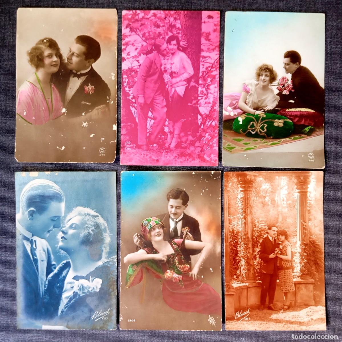 Postales: Lote 6 Postales Antiguas Parejas Moda Art Deco Tocado Jardin Pergola Bleuet PC Paris 1922-1929
