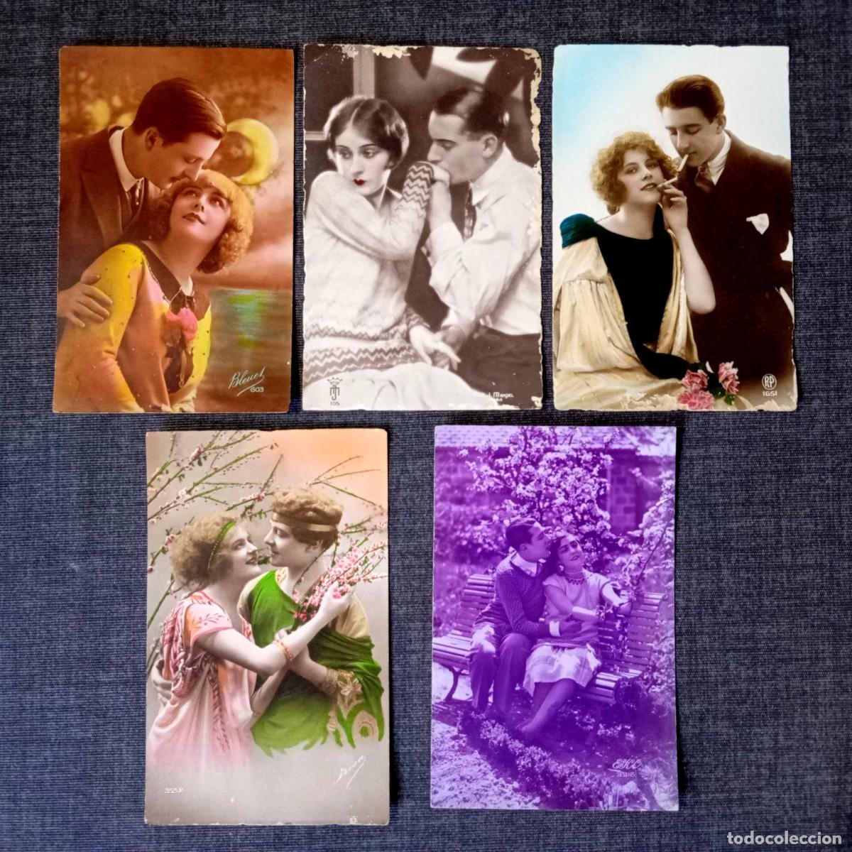 Postales: Lote 5 Postales Antiguas Parejas Moda Romance Bleuet ELC Mandel RP Paris 1926-1930 Reus