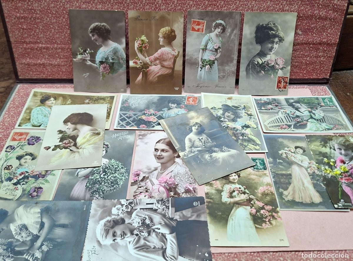 Postcards: LOTE COLECCION POSTALES ROMANTICAS MUJERES CON FLORES