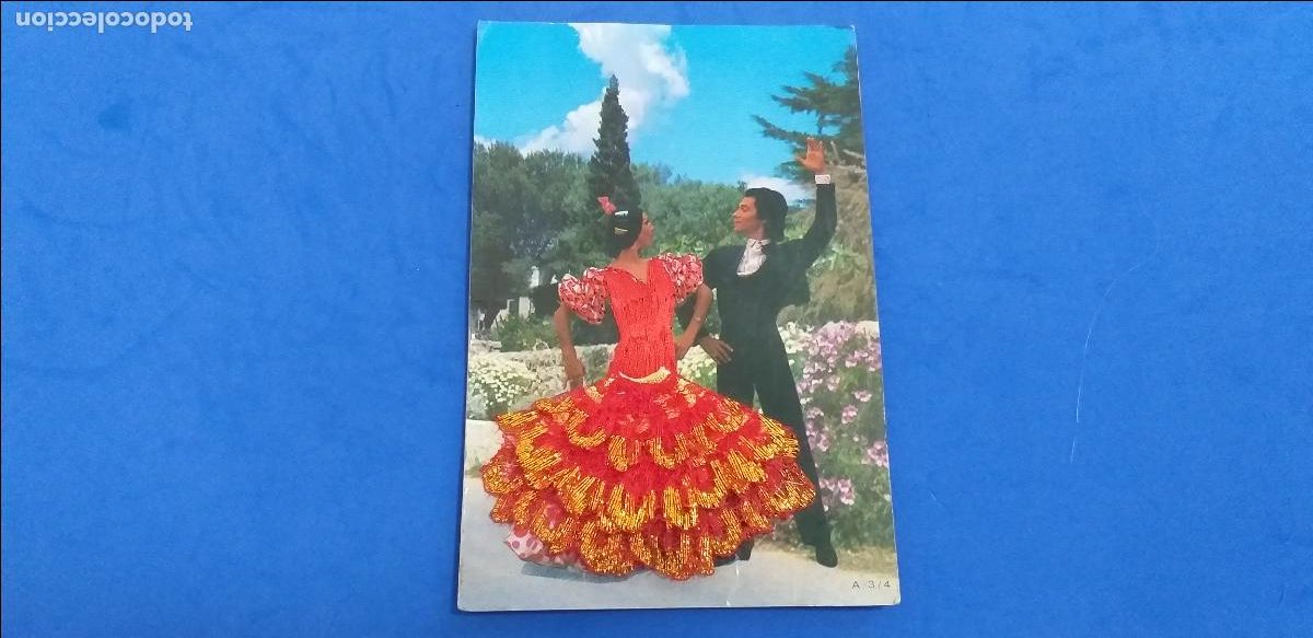 Postales: Postal flamenca. Pareja de bailadores. Vestido de tela y encaje. Circulada
