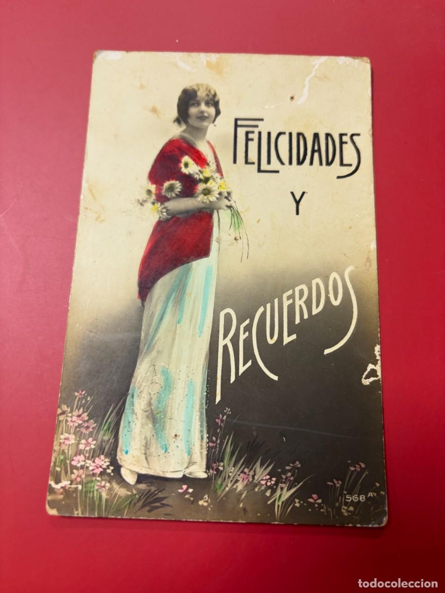 Postales: POSTAL ILUSTRADA - FELICIDADES Y RECUERDOS - MUJER CON RAMO - POEMA MANUSCRITO -