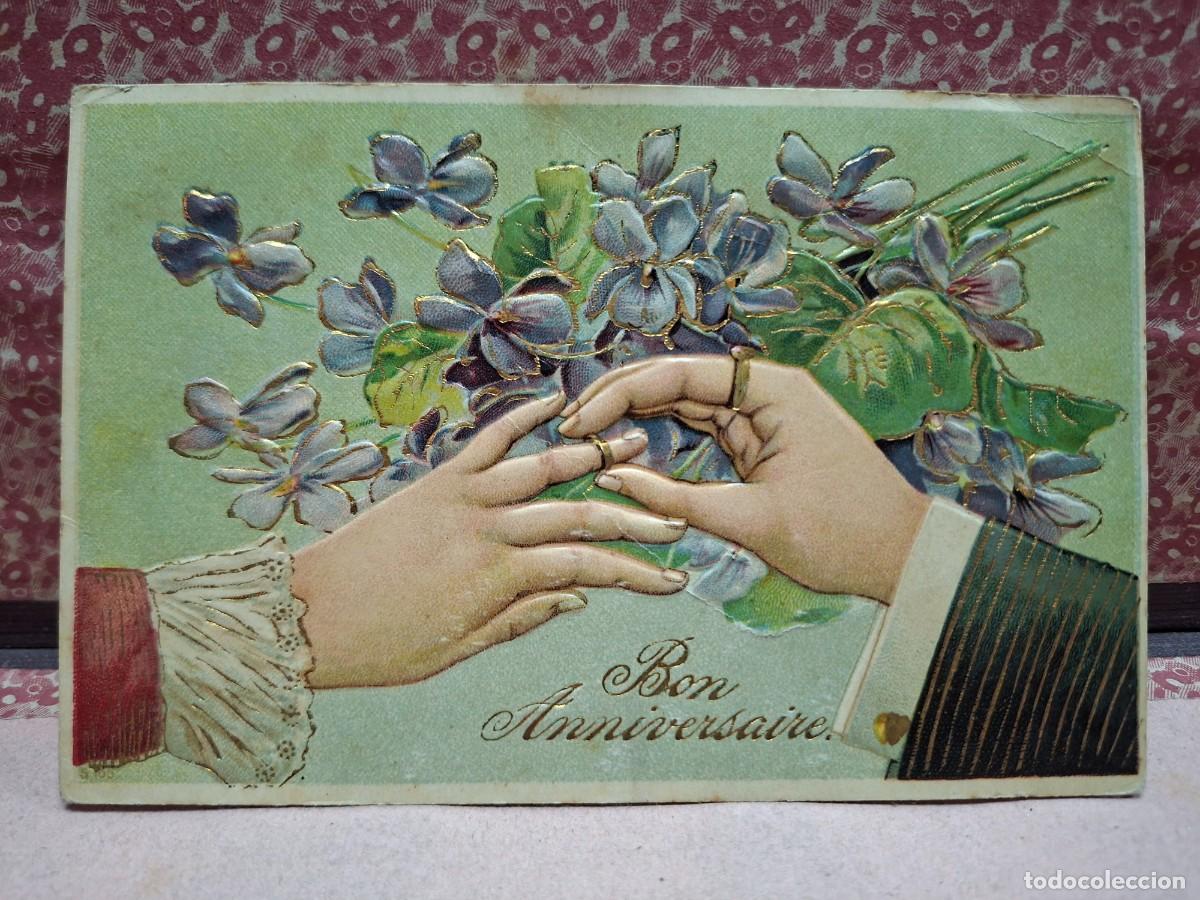 Postales: ANTIGUA POSTAL ROMANTICA RELIEVE ANIVERSARIO DE BODA ANILLOS