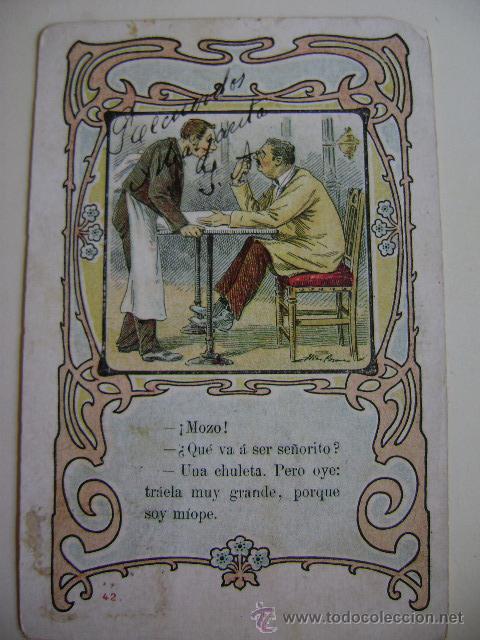 Postkarten: POSTAL ANTIGUA DE ESPA&Ntilde;A CIRCA 1900 TIPOS COMICOS EN EL RESTAURANTE