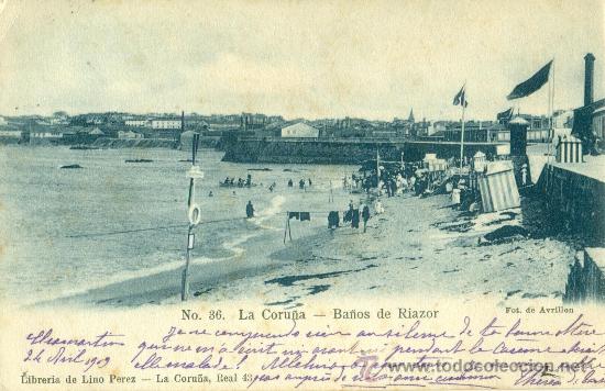 Postales: CORU&Ntilde;A. BA&Ntilde;OS DE RIAZOR. CIRCULADA EN 1905. - Foto 1