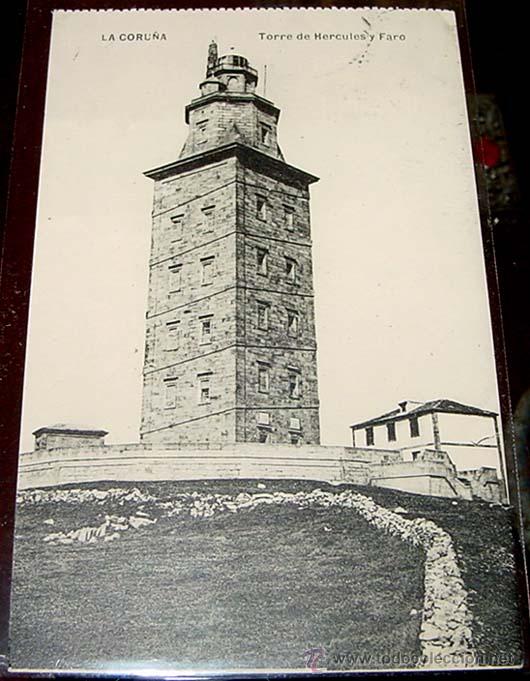 Postales: ANTIGUA POSTAL DE LA CORU&Ntilde;A- TORRE DE HERCULES Y FARO- CIRCULADA CON SELLO 1922