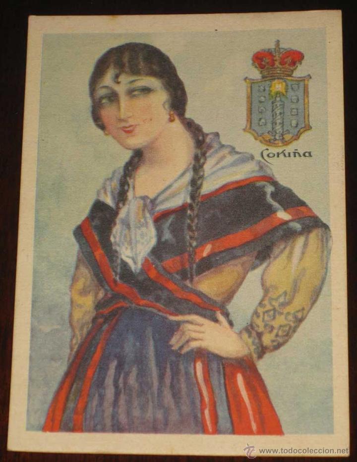 Cartoline: ANTIGUO CROMO DE TRAJES REGIONALES DE CORU&Ntilde;A - PUBLICIDAD DE CHOCOLATES AMATLLER - MIDE UN POQUITO M