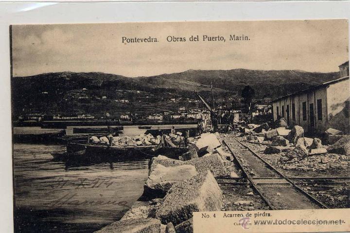 Postales: PONTEVEDRA.-OBRAS DEL PUERTO, MAR&Iacute;N- ACARREO DE PIEDRA