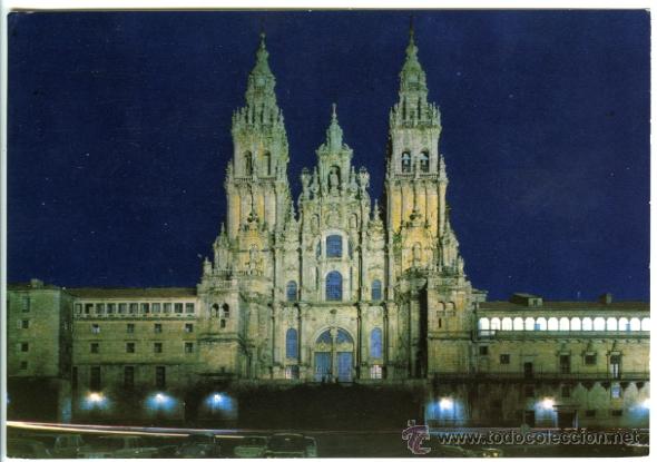 Postkarten: N&ordm; 3145 Santiago de Compostela. Catedral. Fachada del Obradoiro. Nocturna. Postales Fama.