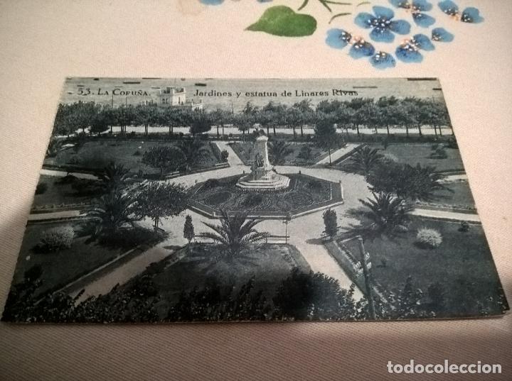 Postales: 53-LA CORU&Ntilde;A-JARDINES Y ESTATUA DE LINARES RIVAS-GRAFOS-MADRID-N