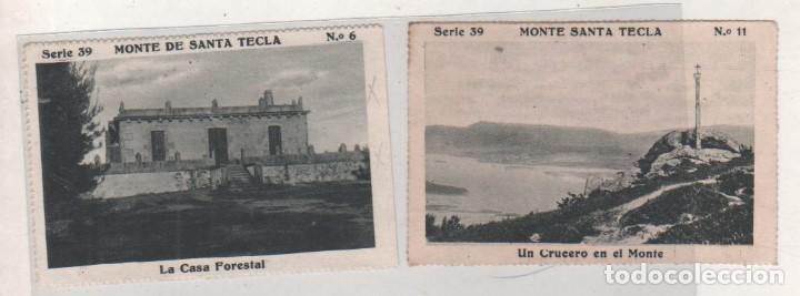 Postales: 2 Cromos de las bellezas de Galica. Monte Santa Tecla serie 39 n&ordm; 6 y 11 Casa forestal, Crucero.