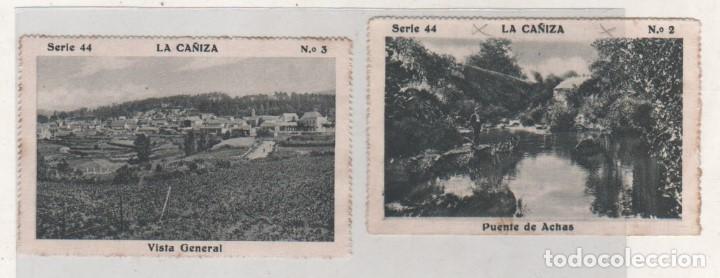 Postales: 2 cromos de la Bellezas de Galicia. La Ca&ntilde;iza serie 44 n&ordm;2 y 3. Vista general y puente.