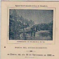Cartoline: ALREDEDORES. MONDARIZ. UN MOLINO EN EL RIO TEA. MENU COMIDA 1901. 16,50 X 9,50 CM. PONTEVEDRA.