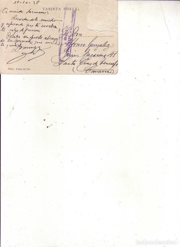 Postales: VIGO - PUERTA DEL SOL - CENSURA MILITAR - Foto 2