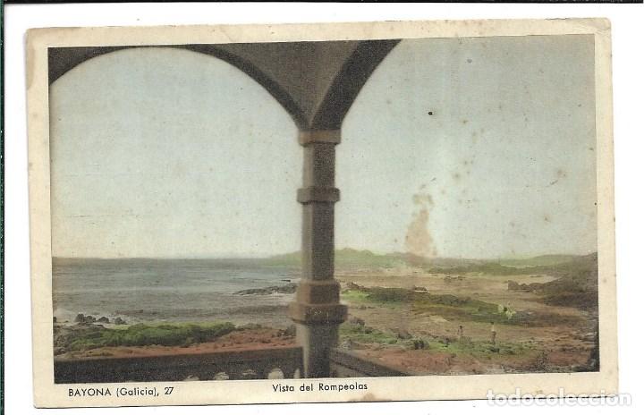 Postales: BAYONA-GALICIA- ANTIGUA -POSTAL- VISTA DEL ROMPEOLAS - NUEVA -EDT- CARRASCO -HISTORIA AL DORSO