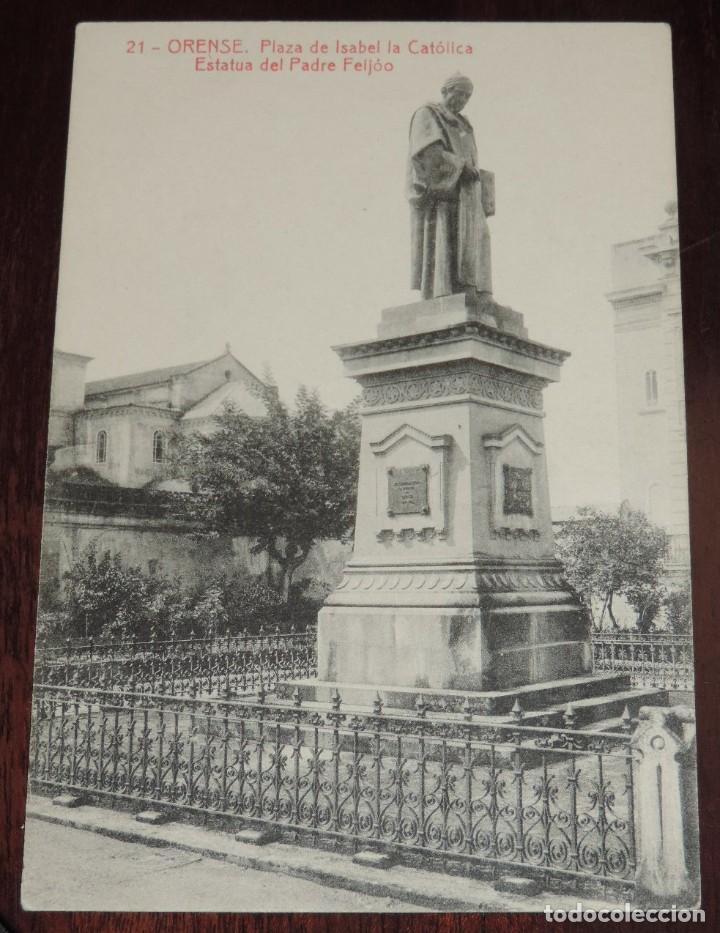 Postales: POSTAL DE ORENSE, PLAZA DE ISABEL LA CATOLICA, ESTATUA DEL PADRE FEIJOO, N.21, ED. THOMAS, NO CIRCU