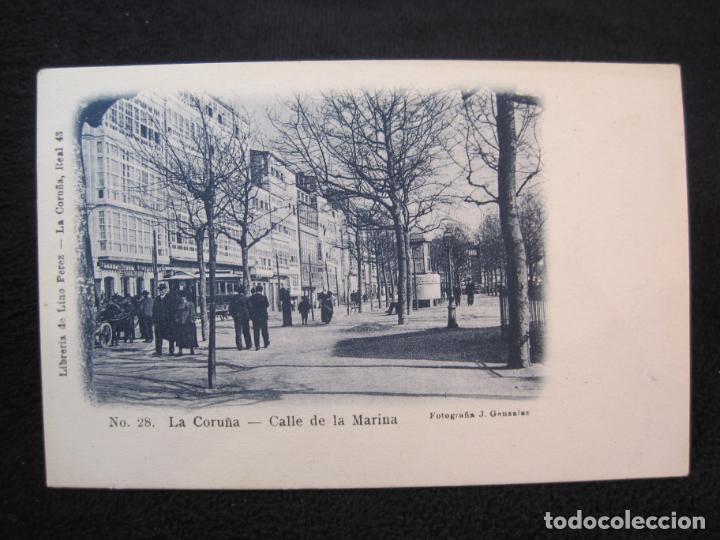 Postales: LA CORU&Ntilde;A-CALLE DE LA MARINA-FOTO J.GONZALEZ-REVERSO SIN DIVIDIR-LINO PEREZ-POSTAL ANTIGUA-(79.309)