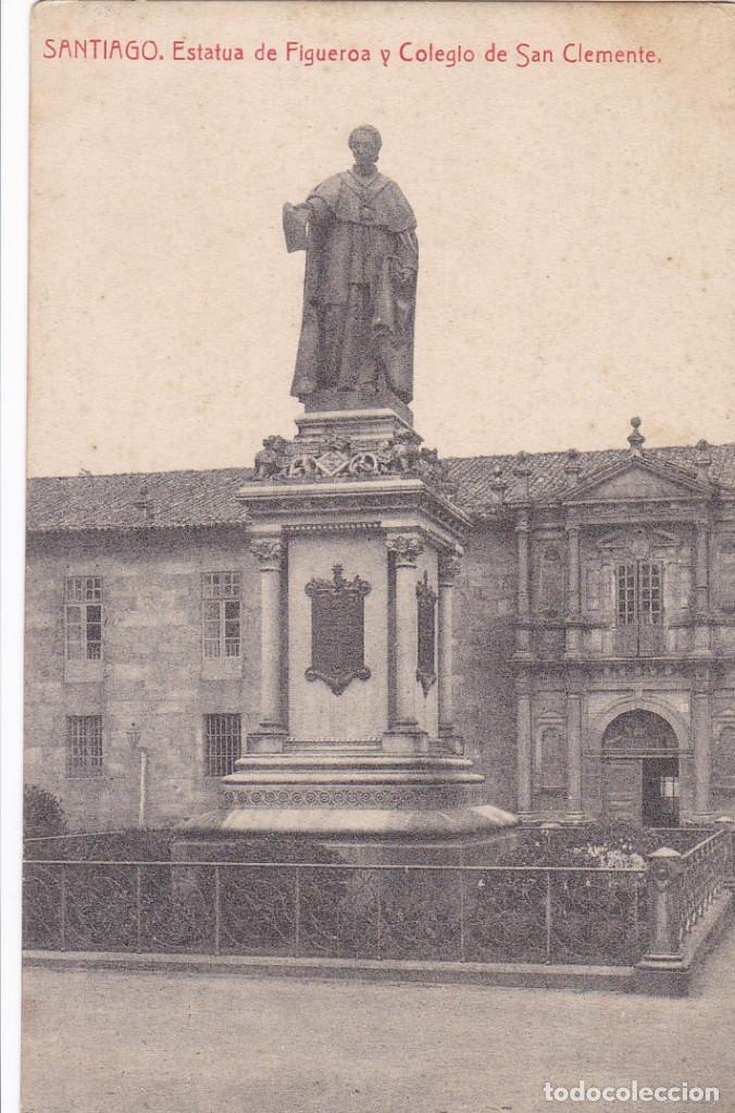 LA CORUÑA, SANTIAGO DE COMPOSTELA ESTATUA FIGUEROA COLEGIO CLEMENTE. ED. THOMAS. CIRCULADA EN 1908 (Postales - España - Galicia Antigua (hasta 1939))