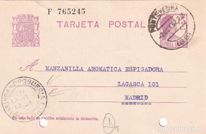 Cartes Postales: Entero postal Rep&uacute;blica. Matasello curioso Droguer&iacute;a Pontevedra. Circulada en 1932