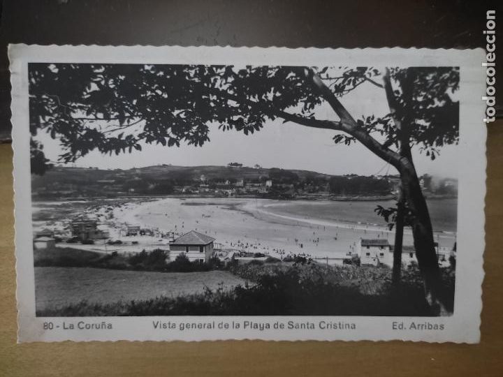 Postales: SANTA STA CRISTINA PLAYA CORU&Ntilde;A ED ARRIBAS N&ordm; 80 CIRCULADA 1954 SELLO 35 CTS FRANCO CAUDILLO