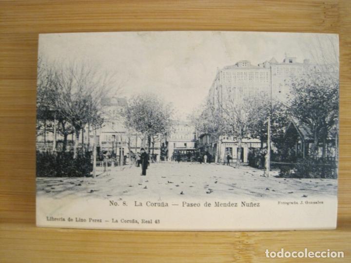 Postales: LA CORU&Ntilde;A-PASEO MENDEZ NU&Ntilde;EZ-8-LIBRERIA LINO PEREZ-REVERSO SIN DIVIDIR-POSTAL ANTIGUA-(96.567)