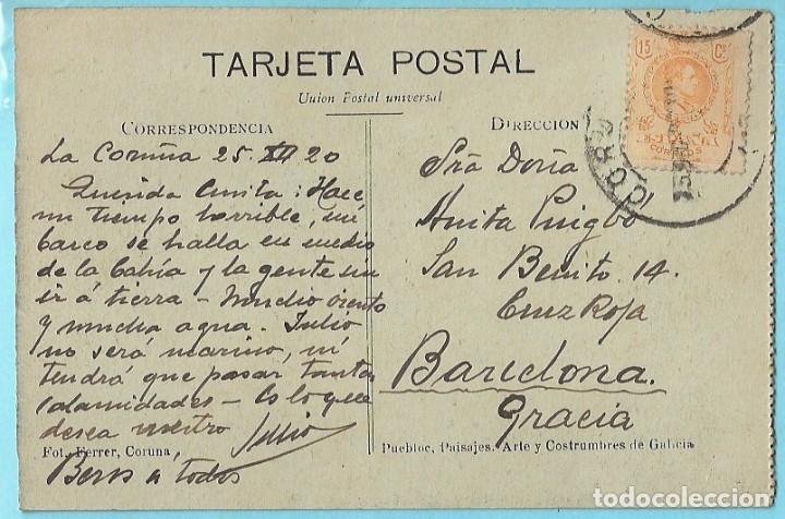 Postales: CORU&Ntilde;A - LA DARSENA. 3381. FERRER. CIRCULADA EN 1920 - Foto 2