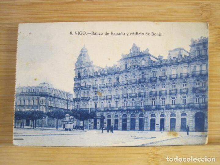 Postales: VIGO-BANCO DE ESPA&Ntilde;A Y EDIFICIO BONIN-GRAFOS-9-POSTAL ANTIGUA-(101.689)