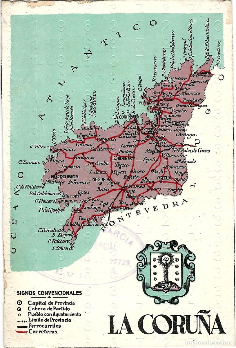 Postales: MAPA DE LA CORU&Ntilde;A SELLO SEVILLA POSTAL B32 - Foto 1