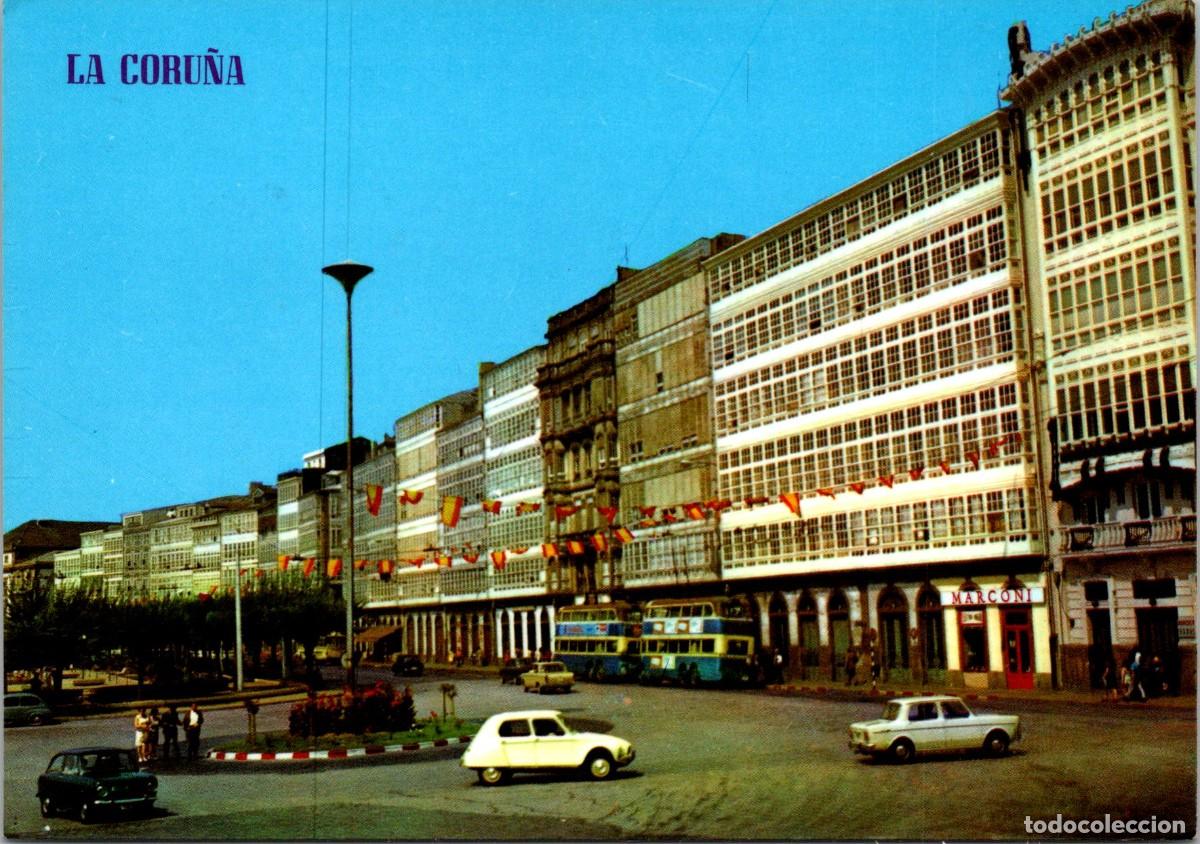 Postales: La Coru&ntilde;a - Avenida de la Marina - Par&iacute;s 124 - Troleb&uacute;s 2 pisos x2 - Marconi - Ciudad Engalanada