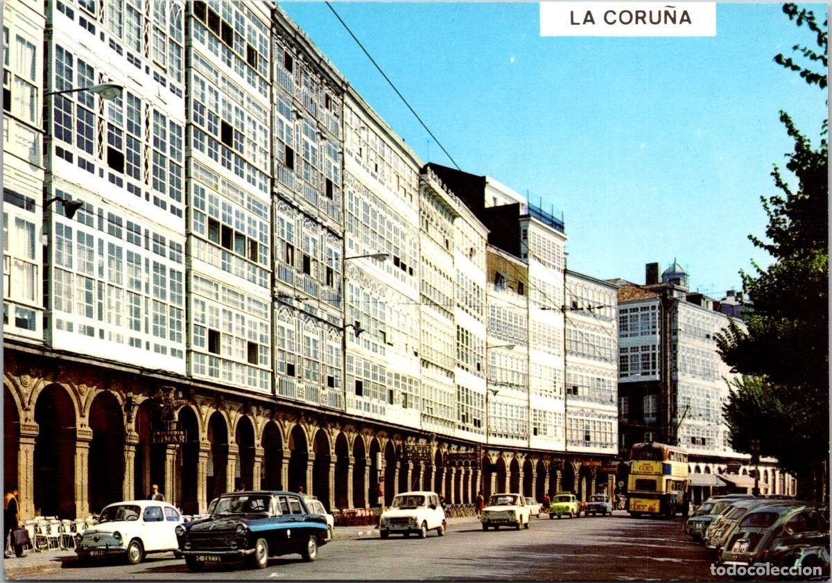 Postales: La Coru&ntilde;a - Avenida de la Marina - Fama 3192 - Troleb&uacute;s 2 pisos - Cafeter&iacute;a Lumar - Vinos Coes