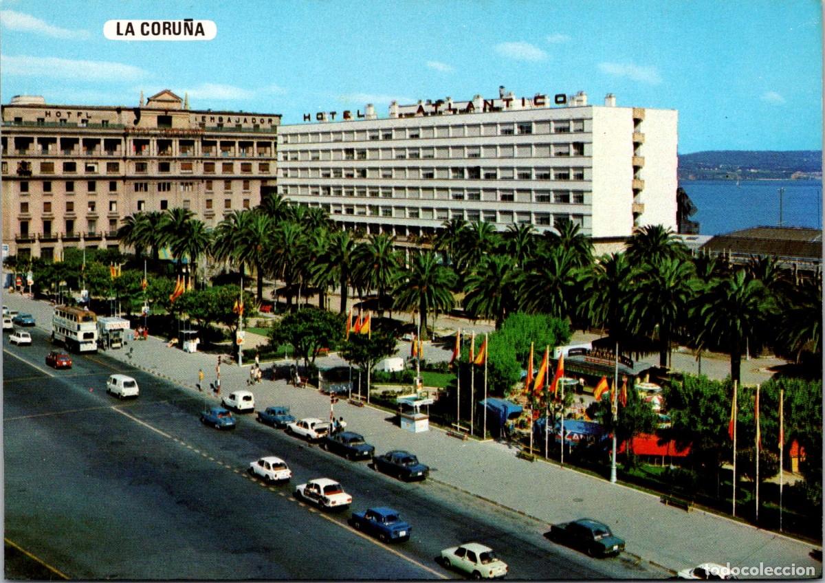 Postales: La Coru&ntilde;a - Cant&oacute;n Grande y Jardines de M&eacute;ndez N&uacute;&ntilde;ez - Troleb&uacute;s 2 pisos - Hotel Atl&aacute;ntico - Cinzano