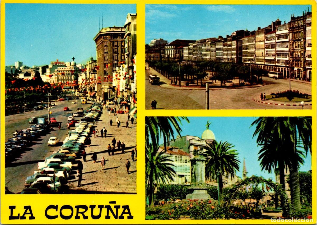 Postales: La Coru&ntilde;a - Los Cantones, Paseo de la Marina y la Rosaleda - Troleb&uacute;s 2 pisos - Ciudad Engalanada