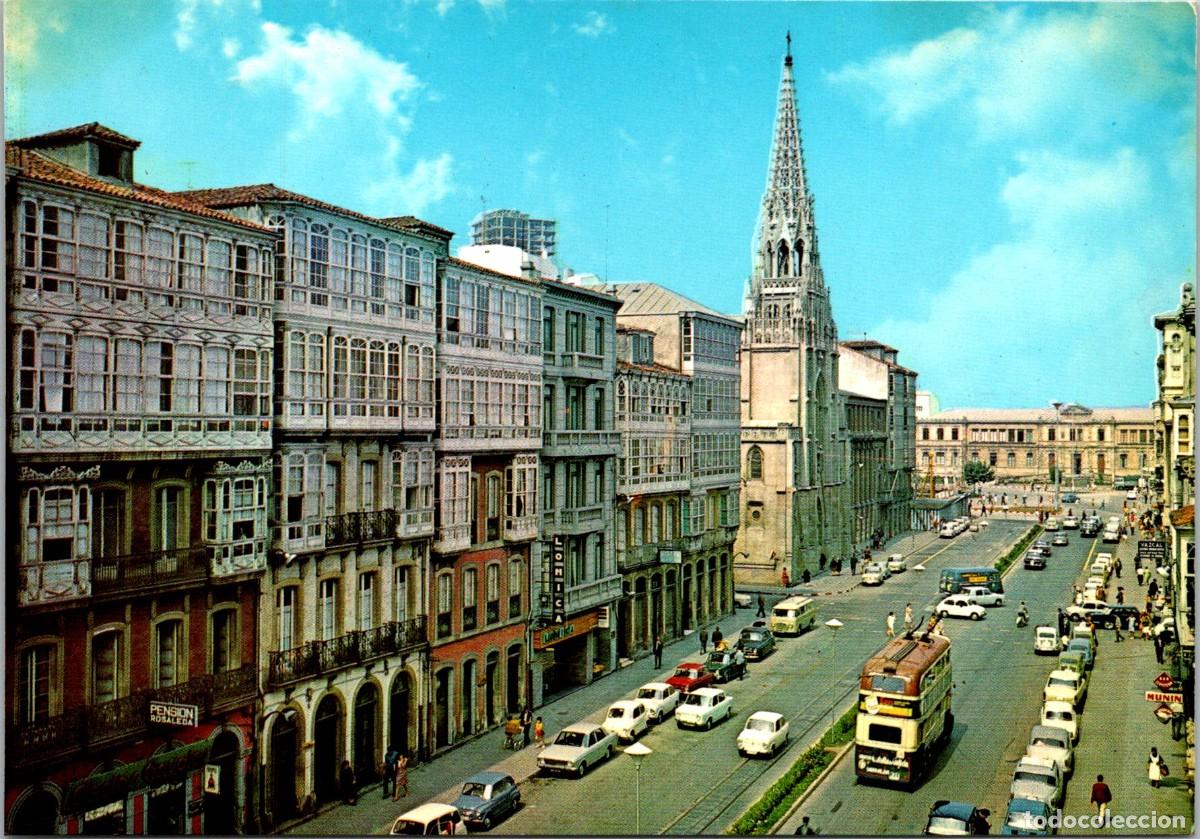 Postales: La Coru&ntilde;a-Calle de Juana de Vega- Troleb&uacute;s 2 pisos-Pensi&oacute;n Rosaleda-Iglesia de la Compa&ntilde;&iacute;a de Jes&uacute;s