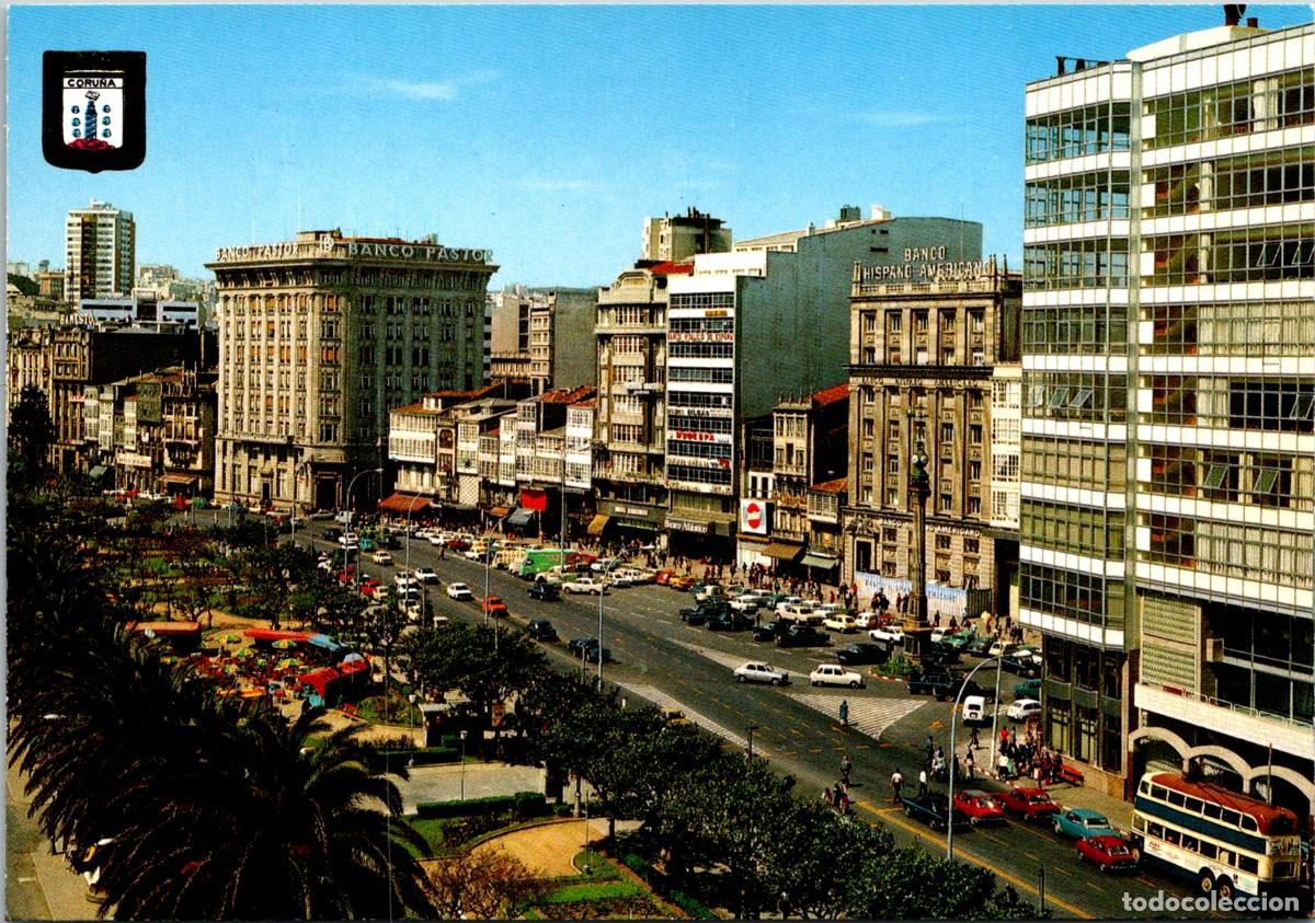 Postales: La Coru&ntilde;a - Panor&aacute;mica Cant&oacute;n Grande - Troleb&uacute;s 2 pisos - Banco Hispano Americano - Pastor - Banesto