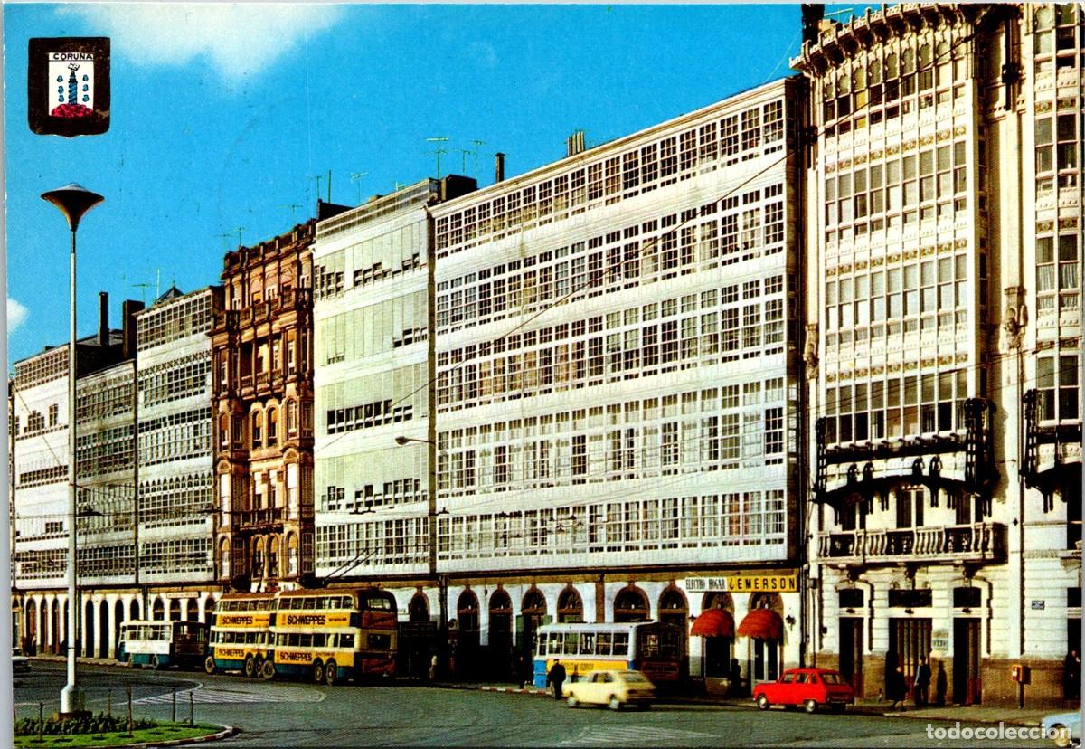 Postales: La Coru&ntilde;a - Galer&iacute;as de Puerta Real - FISA 70 - 148x100mm- Troleb&uacute;s 2 pisos x2 - Schweppes - Emerson
